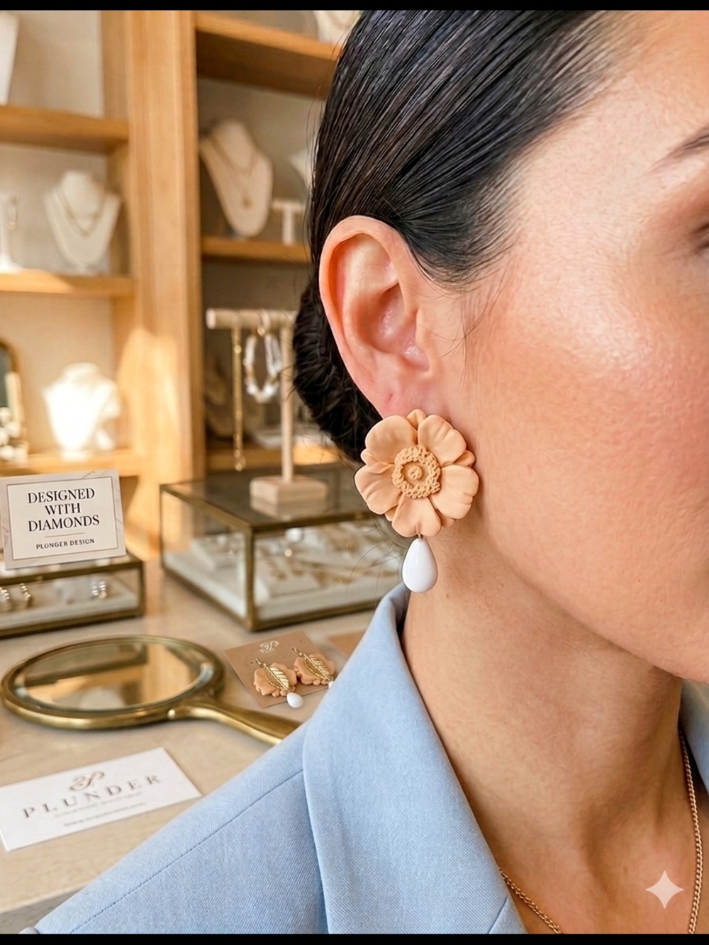 Plunder Peach Floral Earrings with White Teardrop